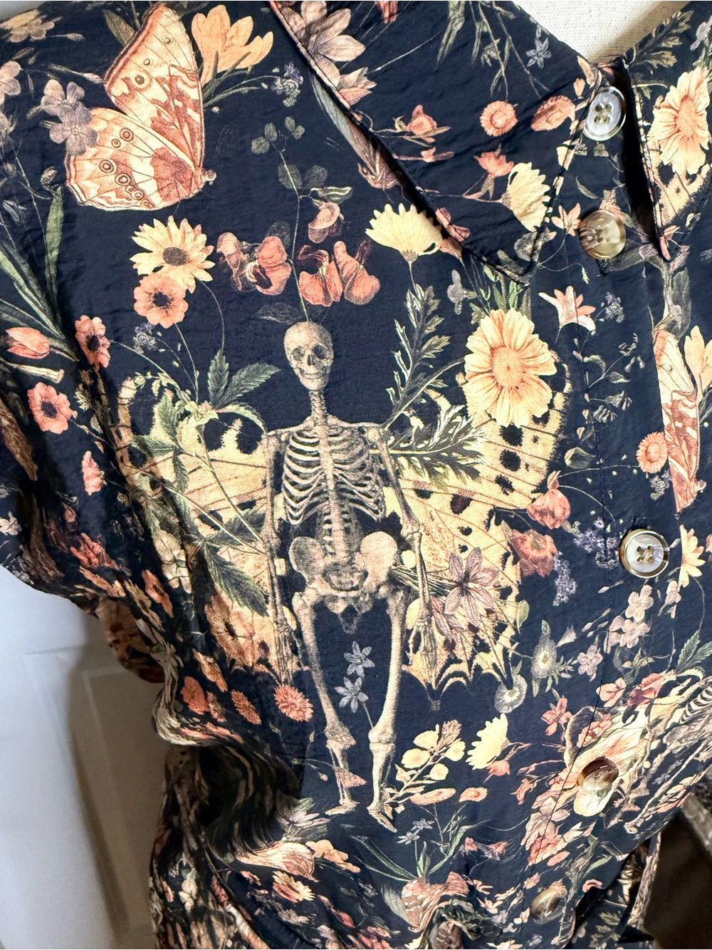 NWT Disturbia Goth Pixie Skeleton Floral Tie-Waist Midi Shirt Dress US12 - Picture 7 of 12